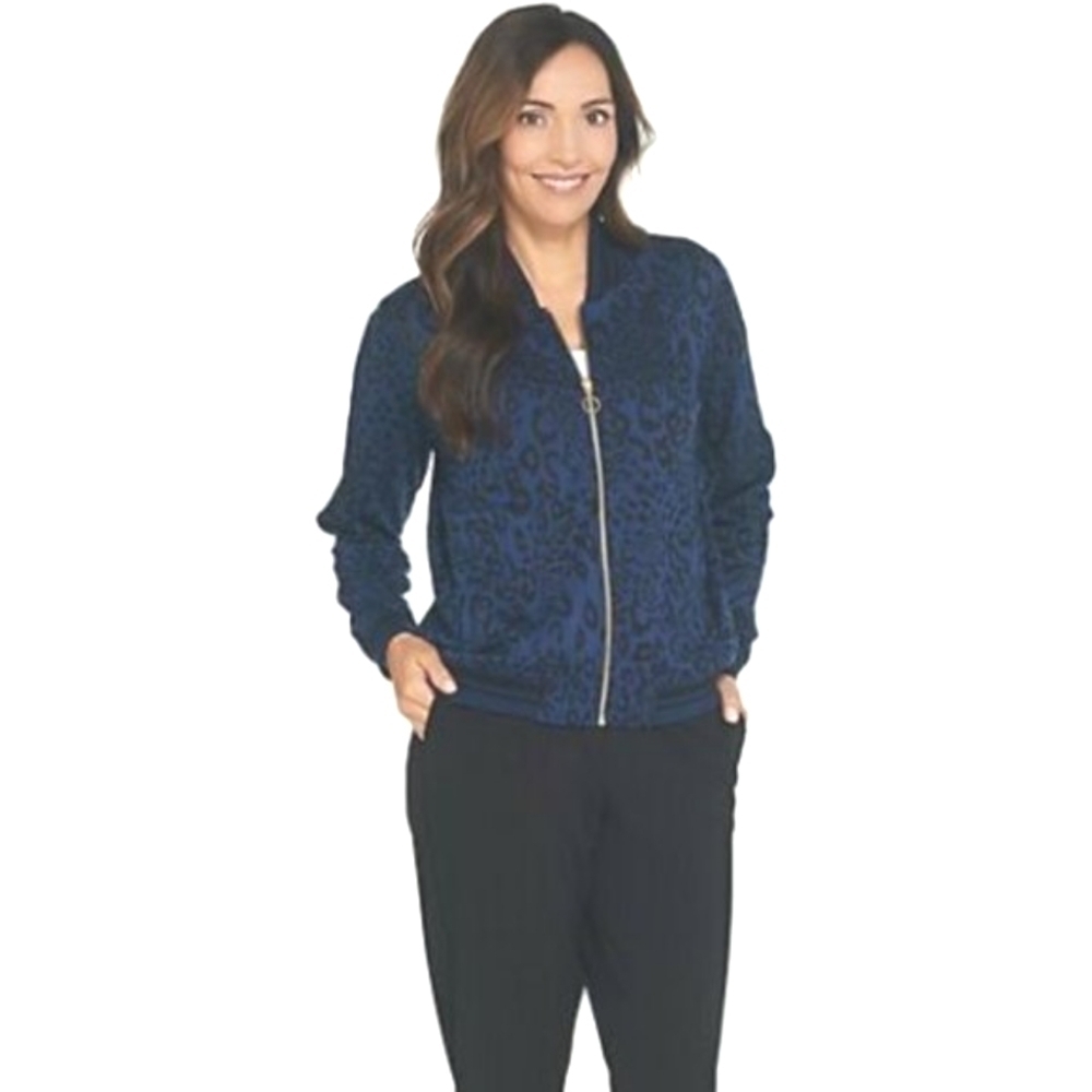 Du Jour Animal Bomber Jacket with Striped Rib Knit